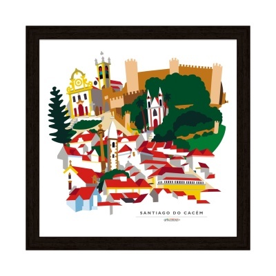 Ilustração colorida de Santiago do Cacém em quadro preto