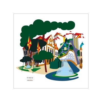 Ilustração colorida da cidade de Viseu com árvores, bandeiras, casas, fontes e estrada curva