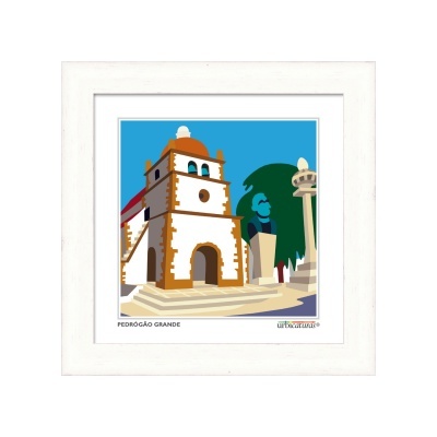 Quadro branco com ilustração da Igreja de Pedrógão Grande em cores vivas