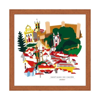 Imagem ilustrativa colorida de Santiago do Cacém com casas, igrejas e castelo