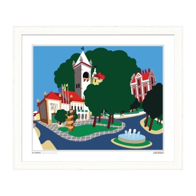 Ilustração digital colorida de uma praça com árvores, fonte, caminho em mosaico e edifícios com telhados vermelhos