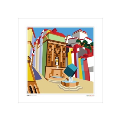 Ilustração colorida de paisagem urbana com fonte e cubo azul