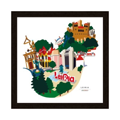Quadro decorativo com ilustração de pontos turísticos de Leiria em cores vivas, moldura preta.