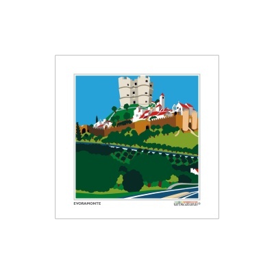 Ilustração colorida de castelo medieval em colina verde com texto EVORAMONTE