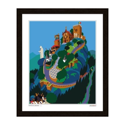 Ilustração colorida de paisagem com casas e árvores em moldura preta