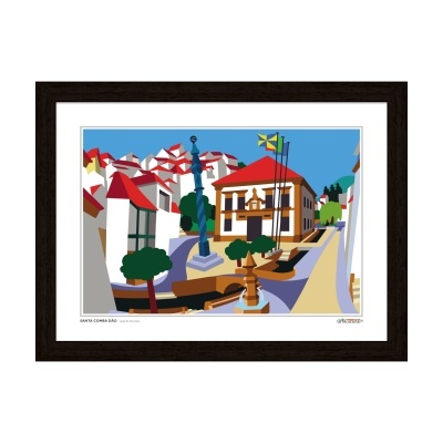 Gravura de aldeia com casas, praça com coluna e fonte, e bandeira amarela e azul