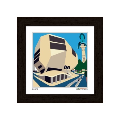 Ilustração de edifício moderno emoldurada com texto Porto e urbexatures