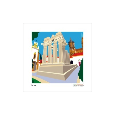 Ilustração digital de um monumento com colunas brancas em cidade com edifícios e árvores