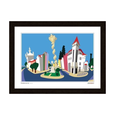 Gravura colorida emoldurada de cenário urbano estilizado com escultura central.