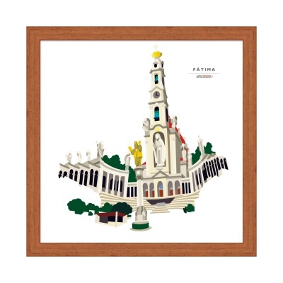 Ilustração estilizada do santuário de Fátima com torre, coluna e arcos em fundo branco