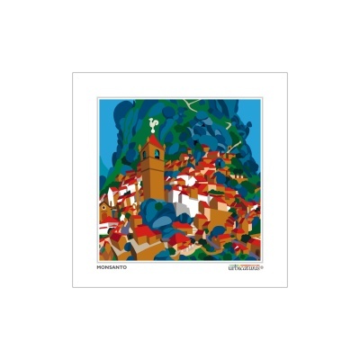 Ilustração estilizada da aldeia de Monsanto com casas coloridas e torre com relógio