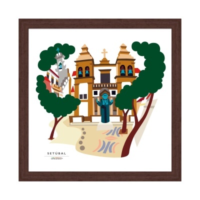 Ilustração colorida do monumento religioso em Setúbal com árvores e pavimento decorado.