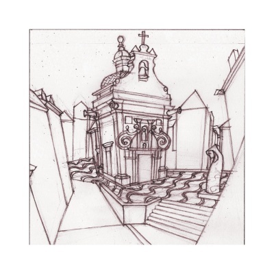 Desenho a lápis de capela barroca e rua com escadas