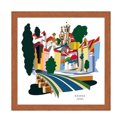 Ilustração colorida da cidade de Águeda em quadro com moldura de madeira