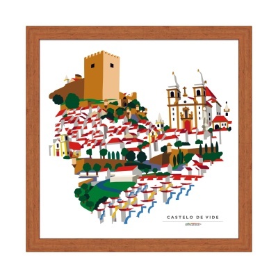 Mapa ilustrativo de Castelo de Vide com casas e igreja em moldura castanha