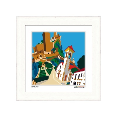 Ilustração de Marvão com castelo e igreja numa moldura branca.