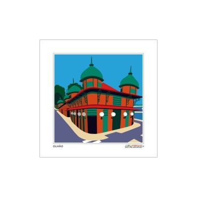 Ilustração colorida de edifício com cúpulas verdes e estrutura vermelha e preta