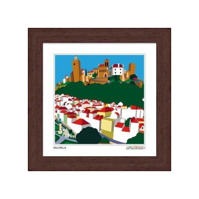 Quadro com impressão colorida da vila de Palmela com moldura castanha