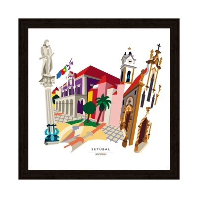 Ilustração colorida dos marcos arquitetónicos de Setúbal emoldurada
