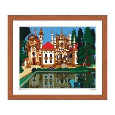 Poster colorido de edifício histórico com torres, árvores e lago refletindo a cena numa moldura de madeira.