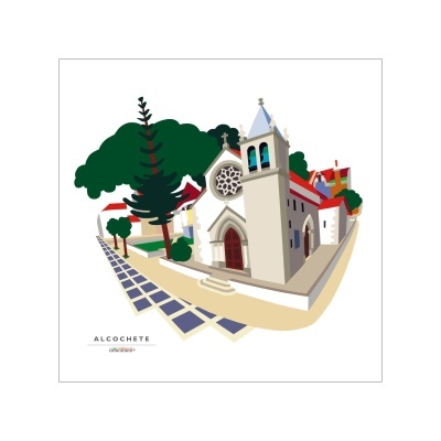 Ilustração digital de igreja com torre e árvores em Alcochete