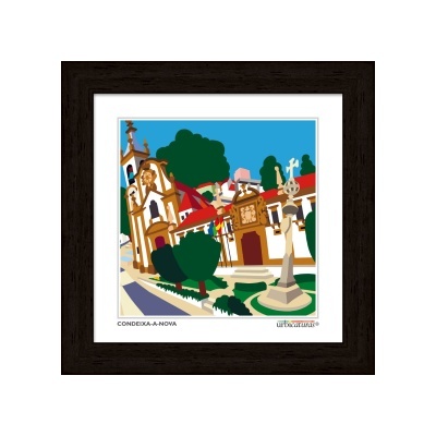 Ilustração colorida com moldura preta mostrando edifícios, árvores e cruzeiro em Condeixa-a-Nova