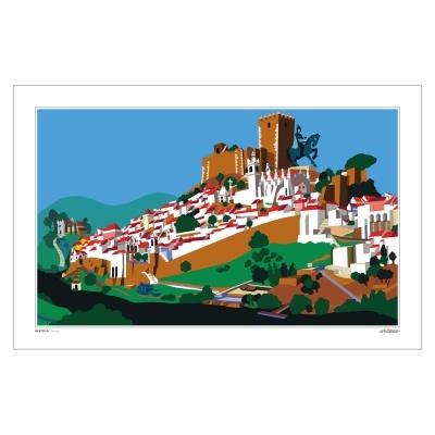 Ilustração de vila histórica numa colina com castelo e casas de telhado vermelho