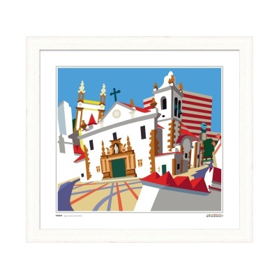 Ilustração colorida de edifício histórico em quadro branco