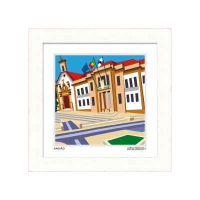 Quadro ilustrado urbano com edifícios e bandeiras em moldura branca