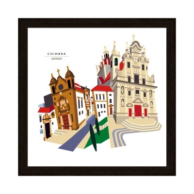 Ilustração colorida de edifícios históricos em Coimbra numa moldura preta