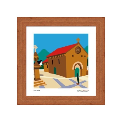 Quadro decorativo com ilustração de igreja com telhado vermelho e figura em frente