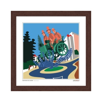 Ilustração colorida com figuras em chapéus altos e veículo verde sobre estrutura espiralada, com árvores e edifícios ao fundo, moldura castanha.