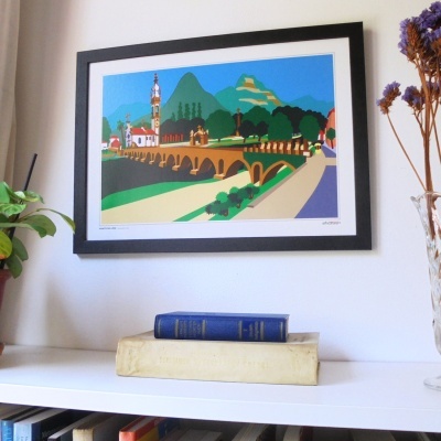 Quadro decorativo com ilustração de ponte e montanhas