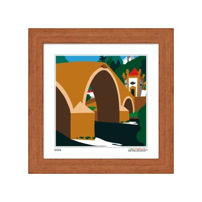 Quadro emoldurado com arte gráfica de ponte em tons castanhos, verdes e azuis.