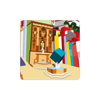 Ilustração colorida de fonte com cubo azul e edifício decorado com estátua ao centro