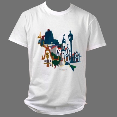 T-shirt branca com estampado colorido de elementos arquitetónicos