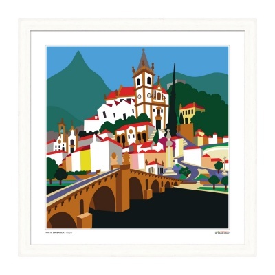 Ilustração de paisagem urbana com ponte, igreja e montanhas em moldura branca