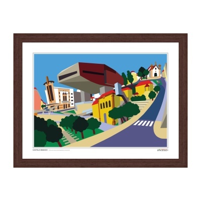 Ilustração de paisagem urbana com edifícios e estrada, quadro com moldura castanha