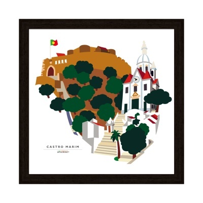 Ilustração colorida de Castro Marim com castelo, igreja, escadarias, árvores e bandeira portuguesa