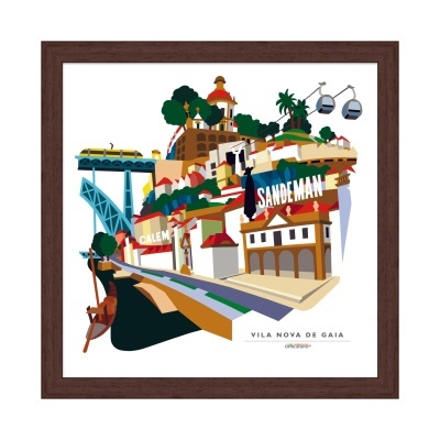 Ilustração colorida emoldurada de Vila Nova de Gaia com edifícios e teleféricos