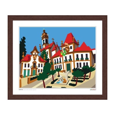 Ilustração de edifícios com telhados vermelhos e árvores