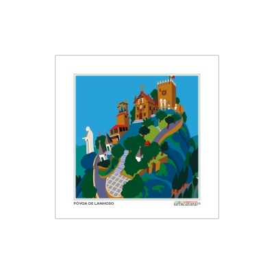 Ilustração colorida da vila de Póvoa de Lanhoso com edifícios e estátua