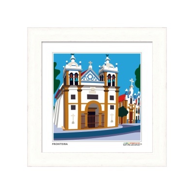 Quadro ilustrativo da fachada de igreja com moldura branca