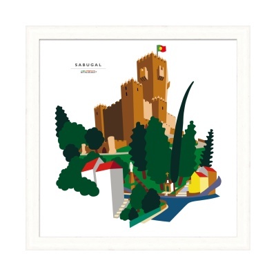 Ilustração colorida de castelo com árvores e casas num quadro branco