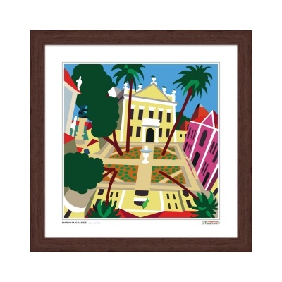 Ilustração colorida de jardim com edifícios e palmeiras emoldurada