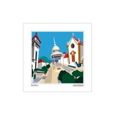 Ilustração colorida de edifícios e natureza em Palmela