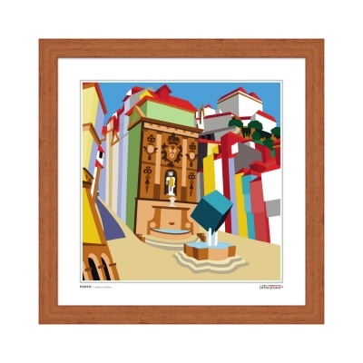 Ilustração colorida de uma praça urbana com fonte e edifícios em moldura castanha.