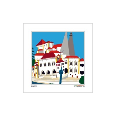 Ilustração colorida de edifícios históricos em Sintra com telhados vermelhos e torres cinzentas