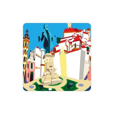 Ilustração de praça com estátua azul, edifícios brancos e telhados vermelhos, torre amarela com cúpula escura