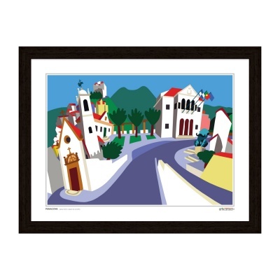 Quadro artístico de rua com edifícios brancos, telhados vermelhos e árvores, em moldura escura